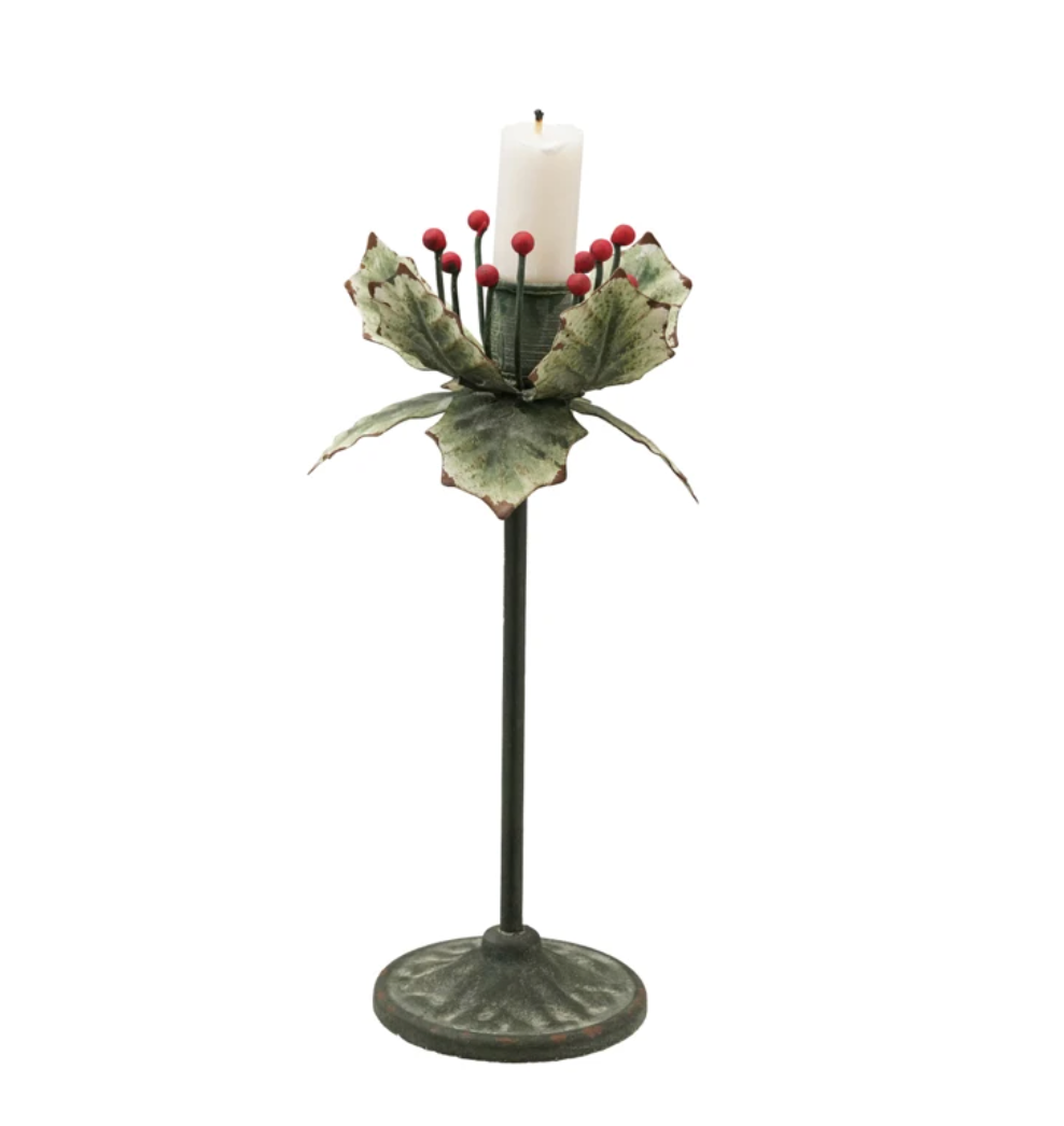 Painted Metal Holly Leaf Shaped Taper Holder, Green &amp; Red