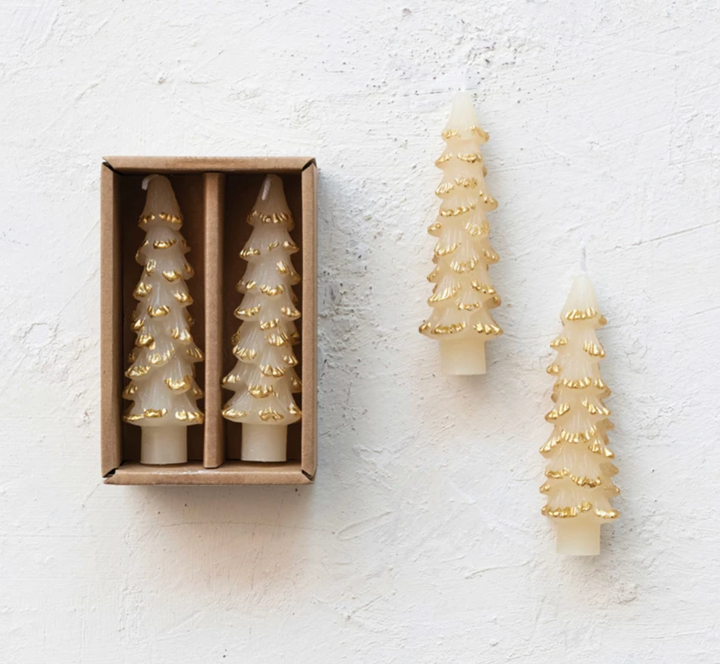 Eggnog Tree Shaped Taper Candles w/ Gold Tips in Box, Set of 2