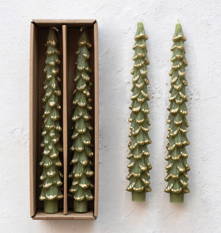 Evergreen Tree Shaped Taper Candles in Box, Set of 2