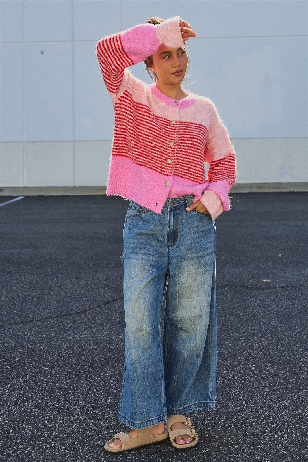 Striped Fuzzy Knit Cardigan in Pink