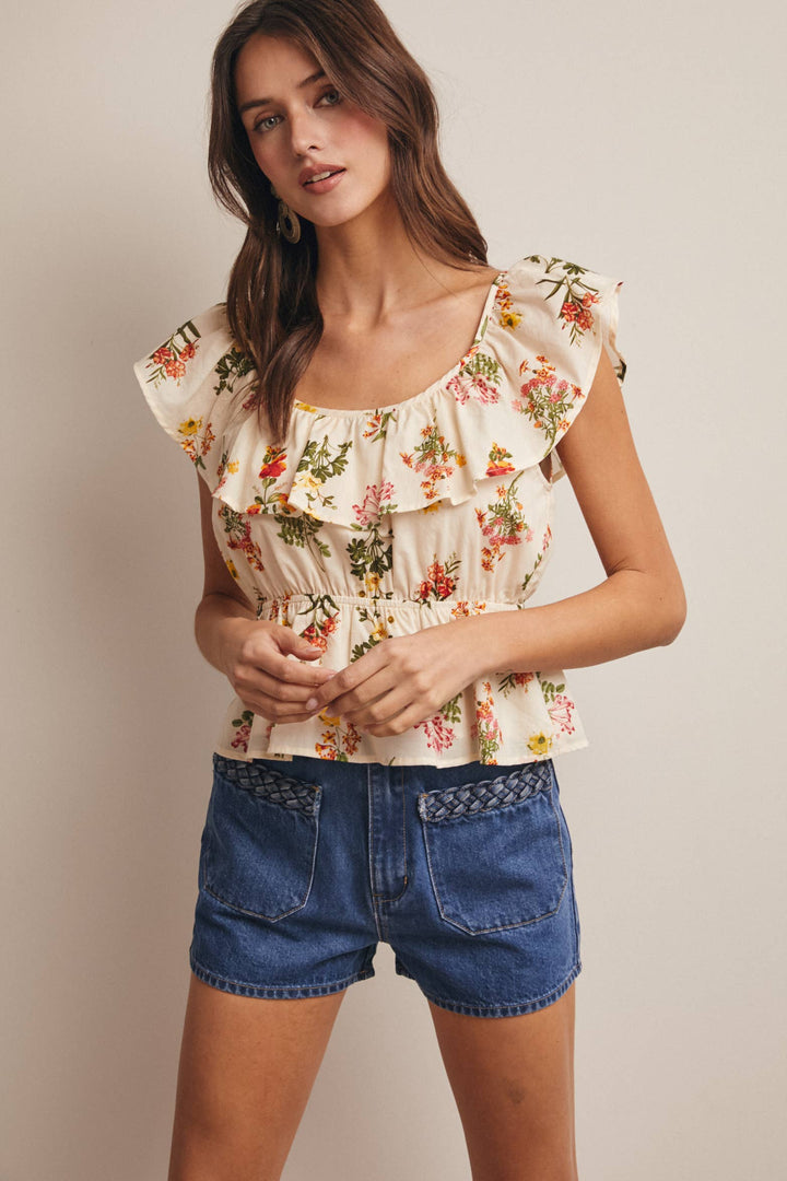 Floral Ruffle Neck Cotton Blouse