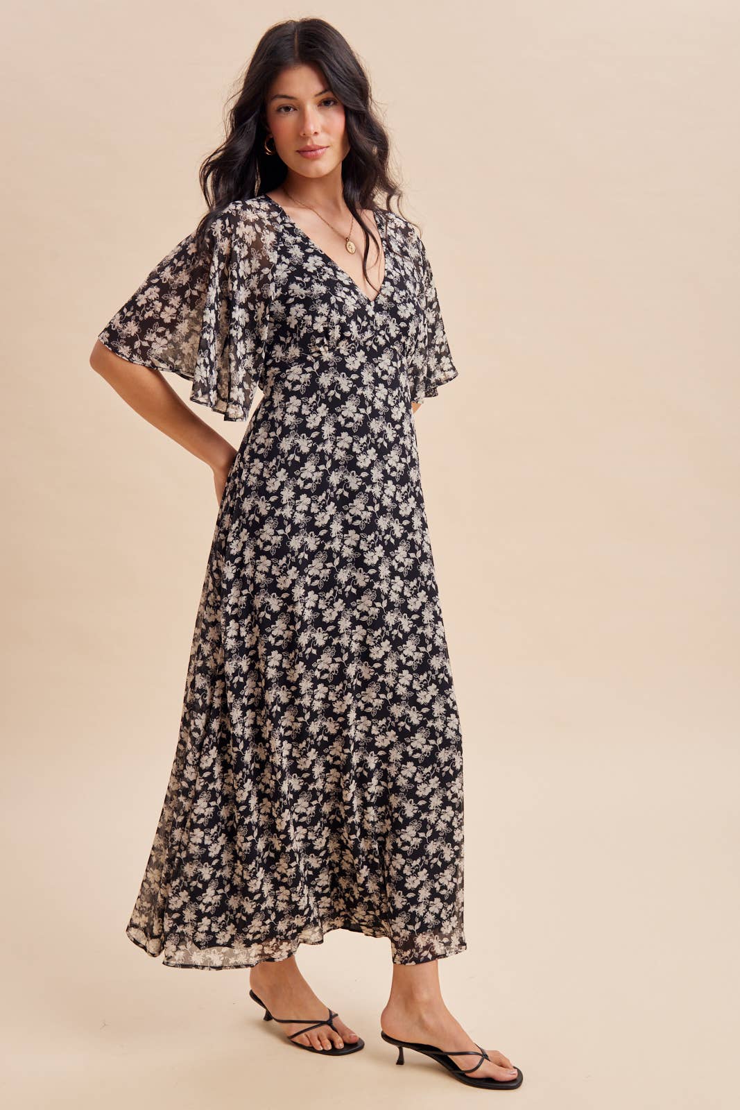 Flutter Sleeve Floral Maxi Dress in Black