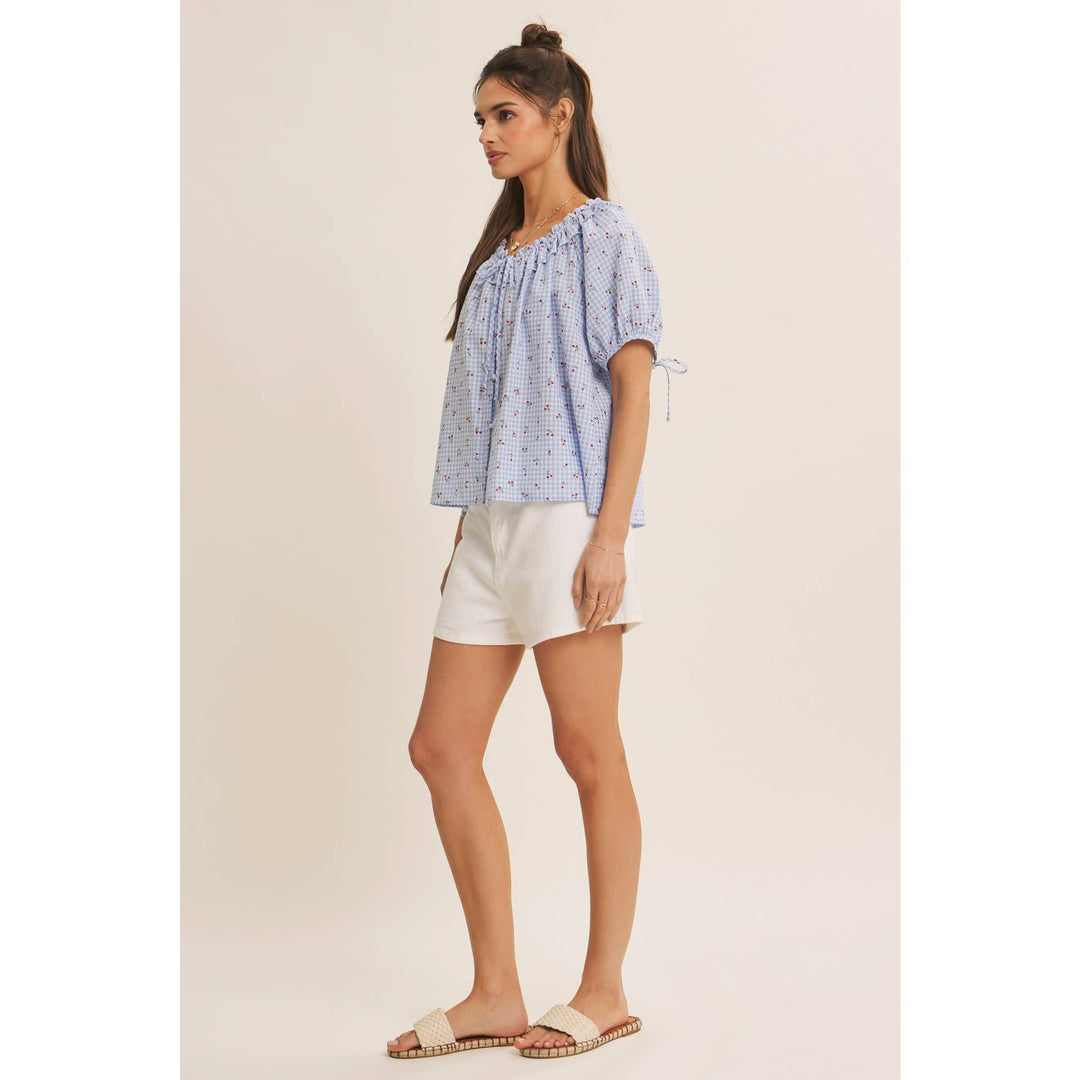 Summer Cherry Gingham Ruffled Blouse