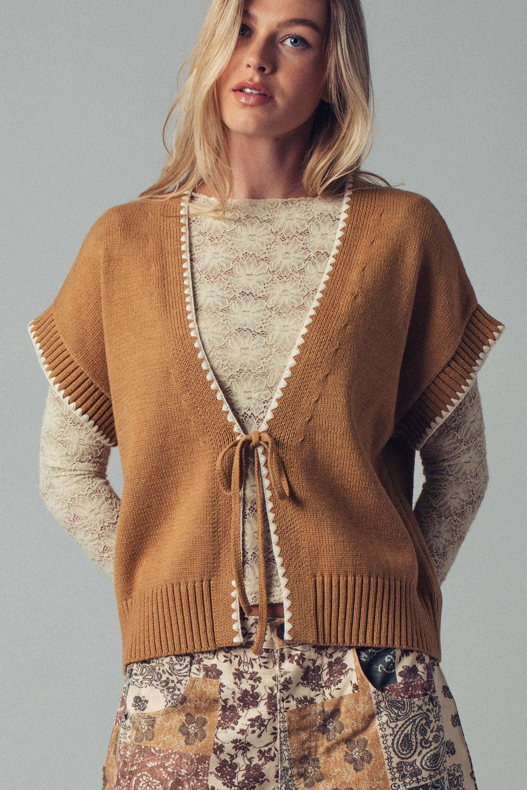 Crochet Trim Tie Front Knit Vest- 2 Colors