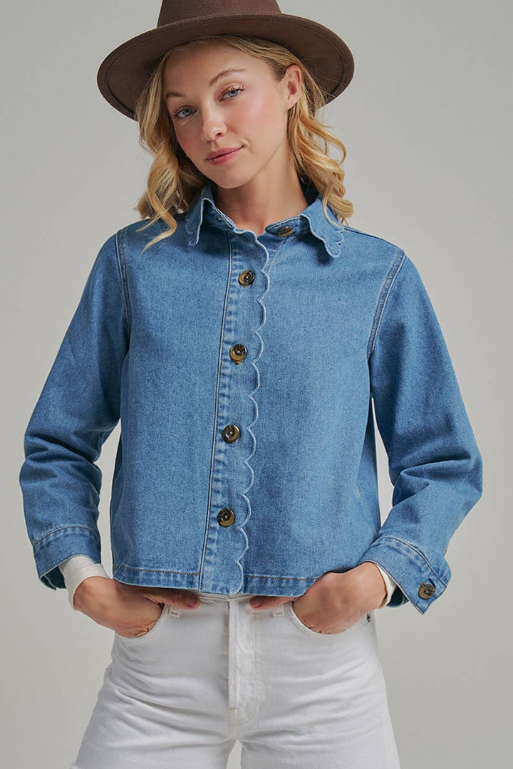 Denim Jacket With Scallop Embroidery Collar