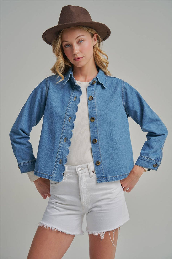 Denim Jacket With Scallop Embroidery Collar