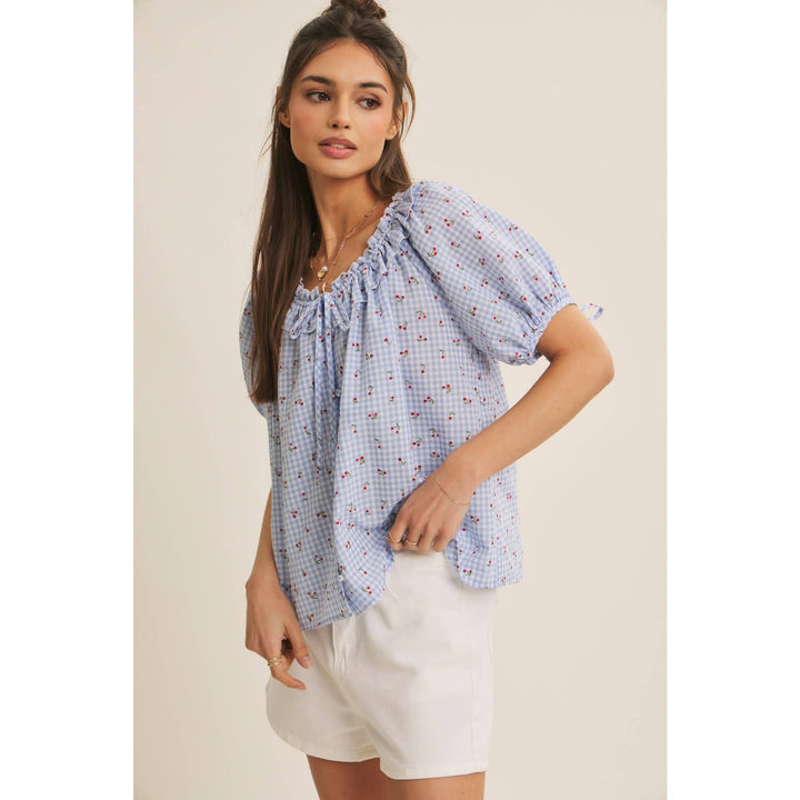 Summer Cherry Gingham Ruffled Blouse