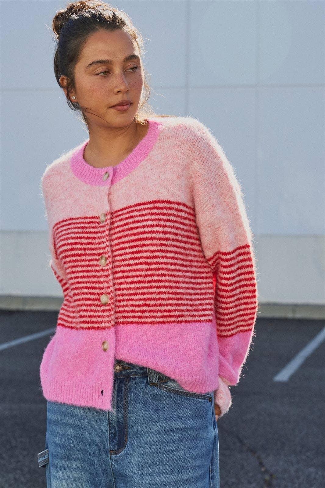 Striped Fuzzy Knit Cardigan in Pink