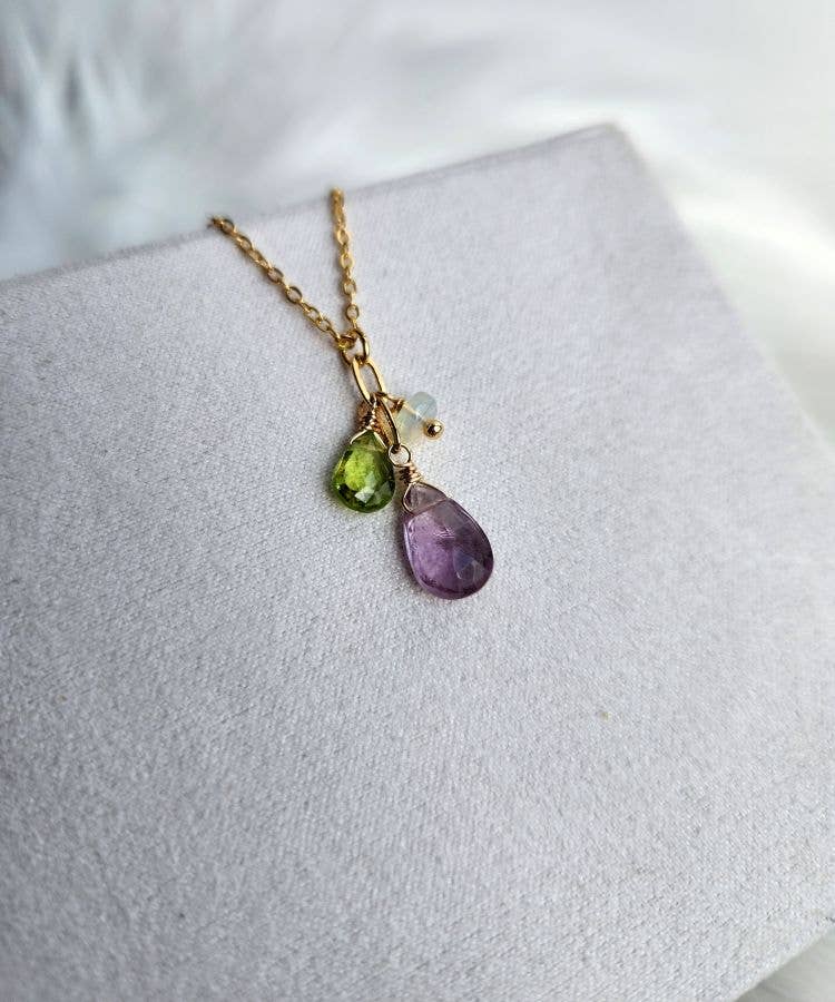 Light Amethyst, Peridot and Opal Gold Cluster Necklace