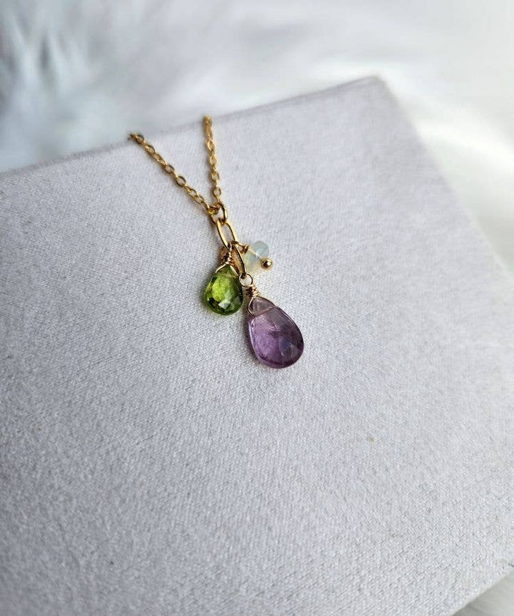 Light Amethyst, Peridot and Opal Gold Cluster Necklace