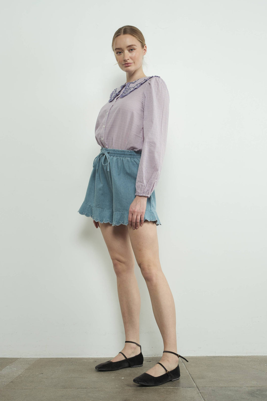 Embroidered Ruffle Hem Shorts