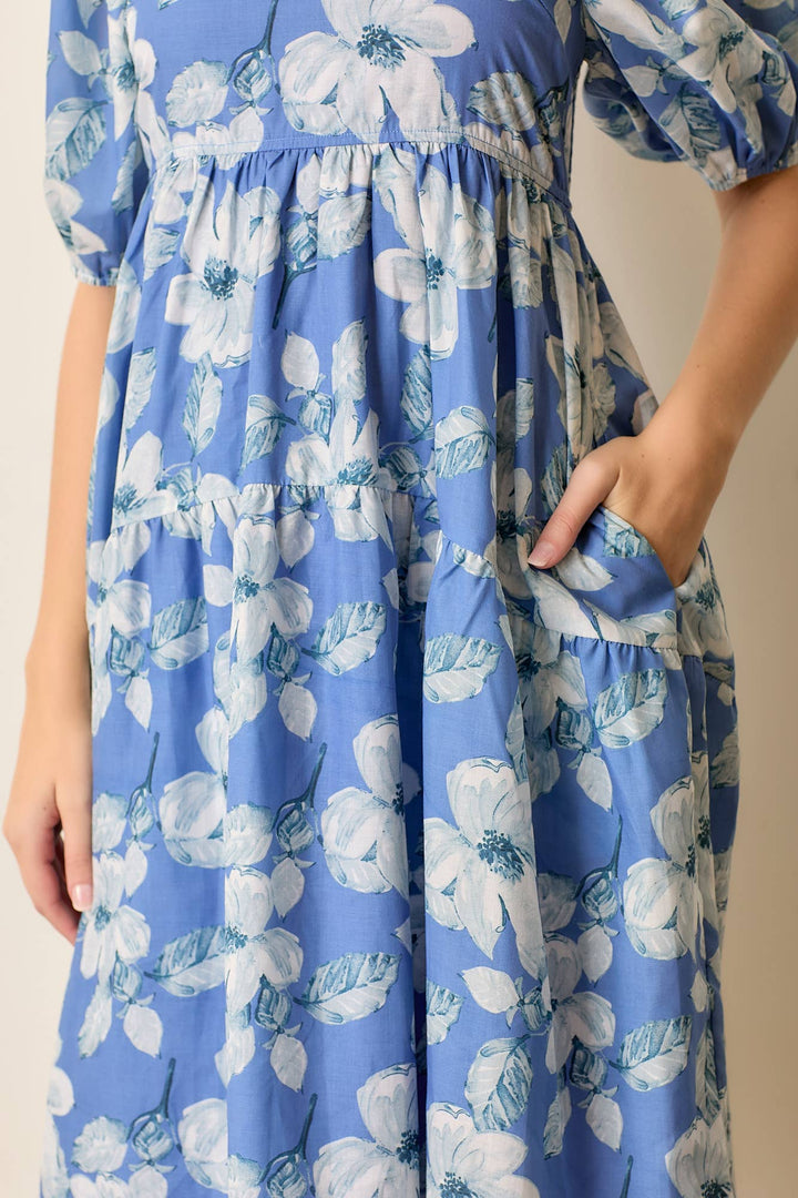 Blue Floral Square Neck Midi Dress