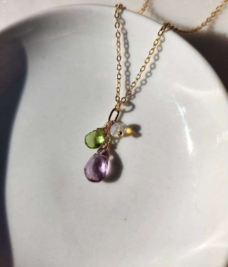 Light Amethyst, Peridot and Opal Gold Cluster Necklace