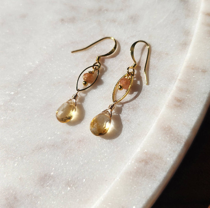 Citrine and Sunstone Dainty Gold Marquis Earrings