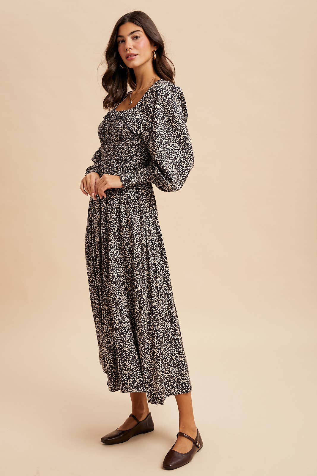 Smocked Ruffled Floral Maxi in Midnight