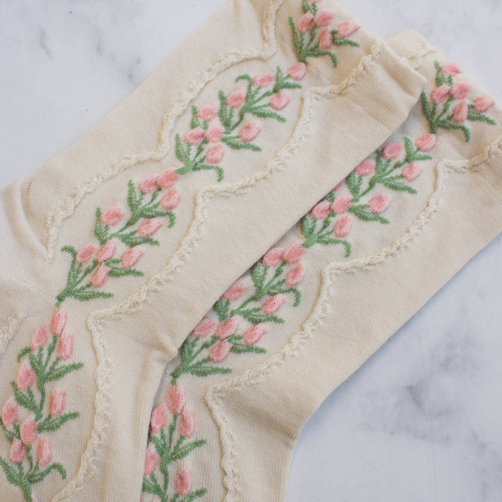Antique Tulip Flower Socks in Beige
