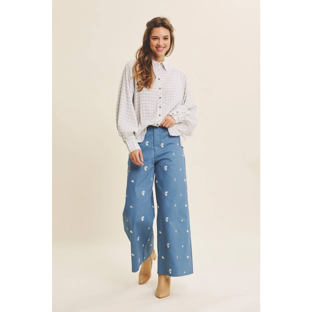 Embroidery Wide Leg Pants in Steel Blue