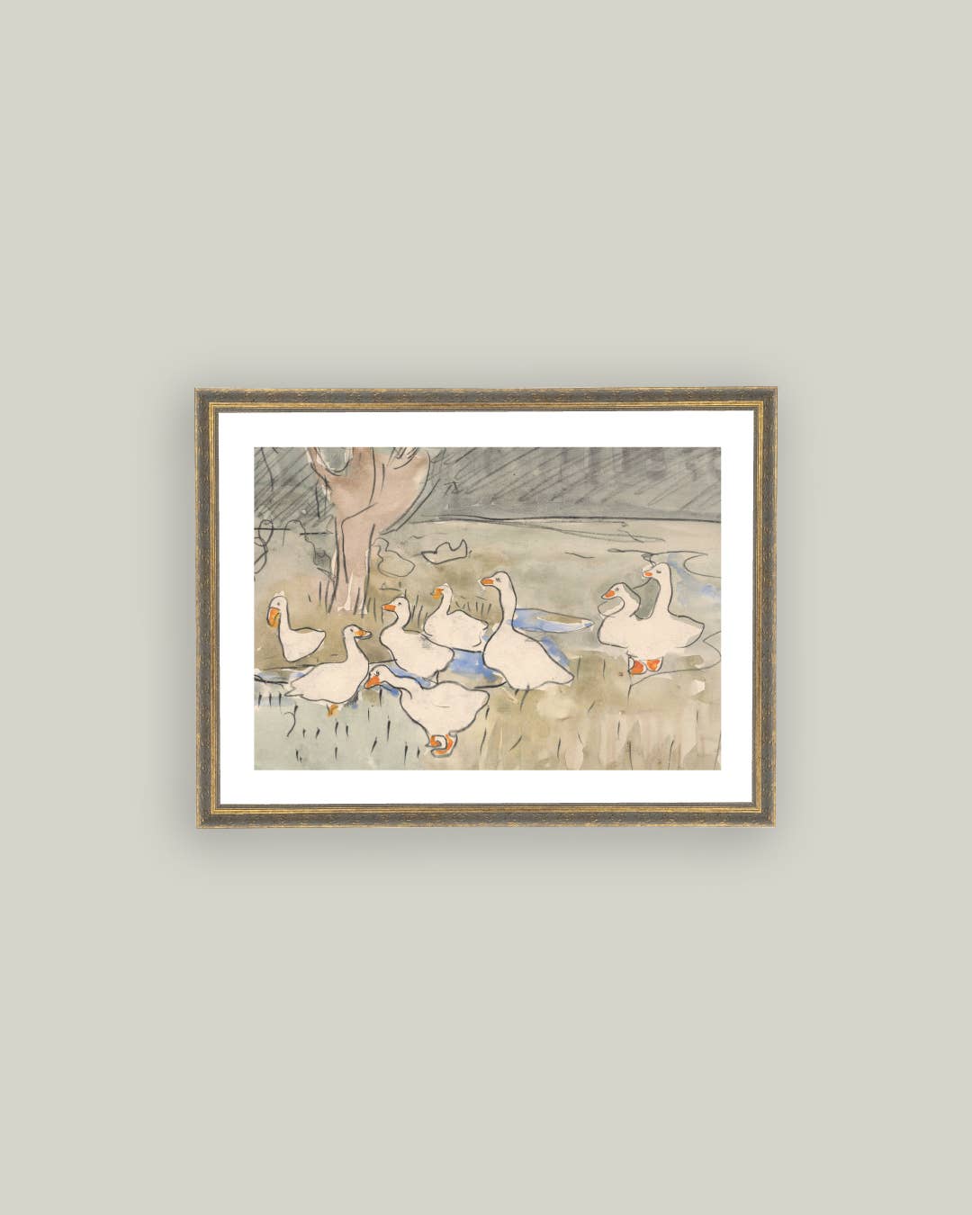 Geese Pond Framed Antique Art, 10x8