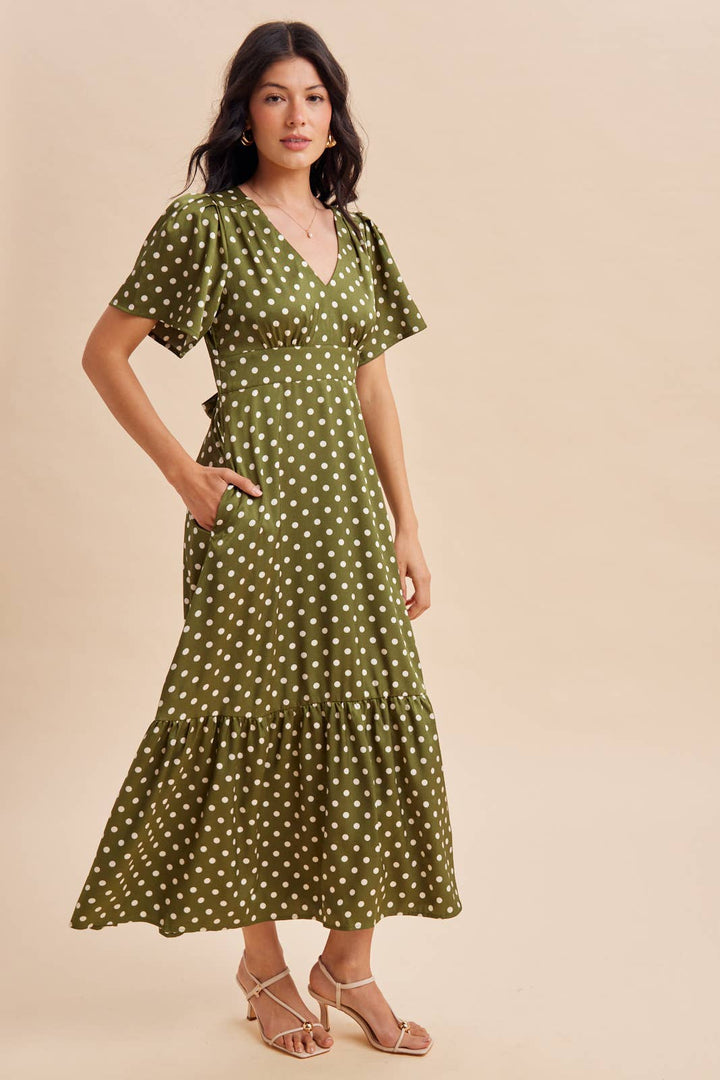 Polka Dot Flutter Sleeve Maxi Dress in Olive