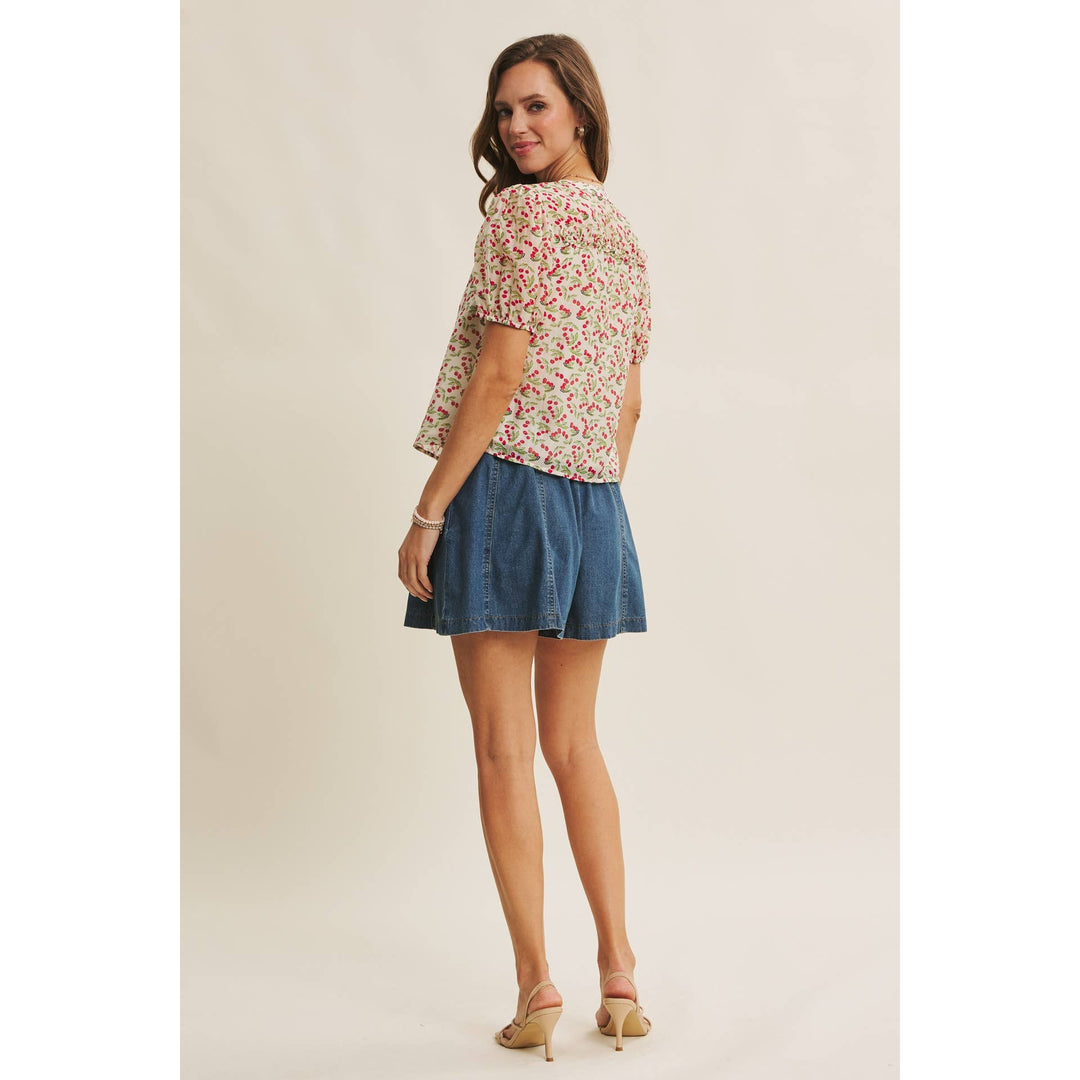 Cherry Puff Sleeve Button Down Blouse
