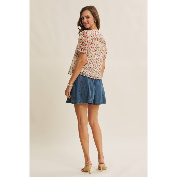 Cherry Puff Sleeve Button Down Blouse