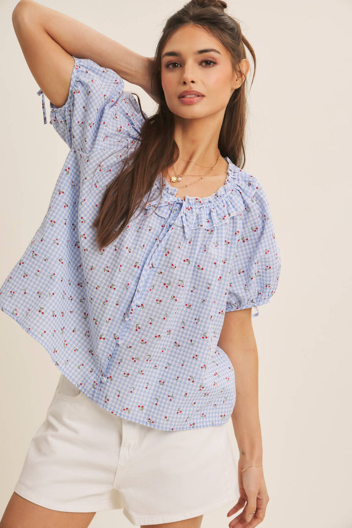 Summer Cherry Gingham Ruffled Blouse
