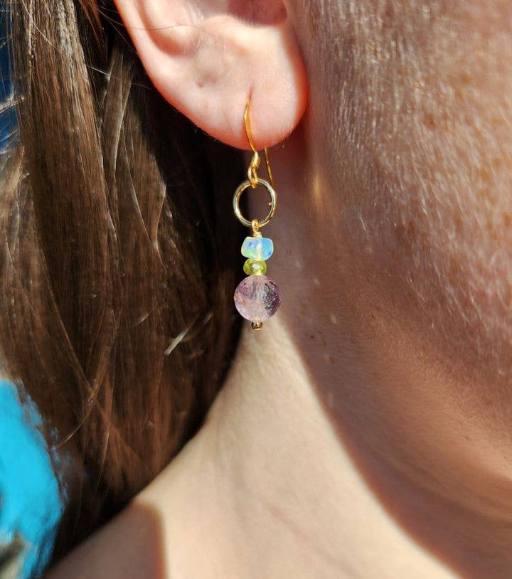 Light Amethyst, Peridot and Ethiopian Opal Gold Ringlet Earrings