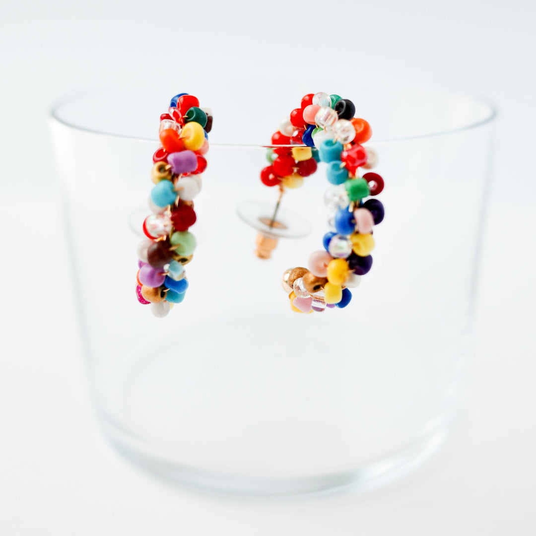 Multicolor Beaded Silver C-Hoop Earrings