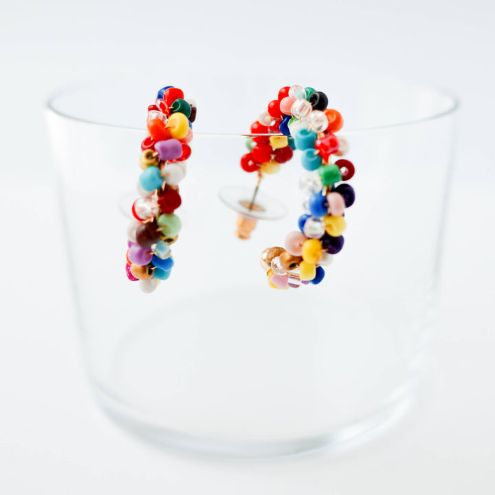 Multicolor Beaded Silver C-Hoop Earrings