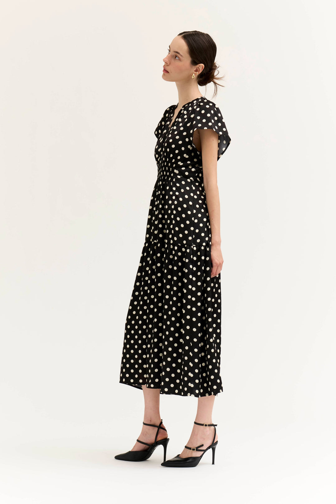 Satin Ruffle Midi Dress in Black and White Dots