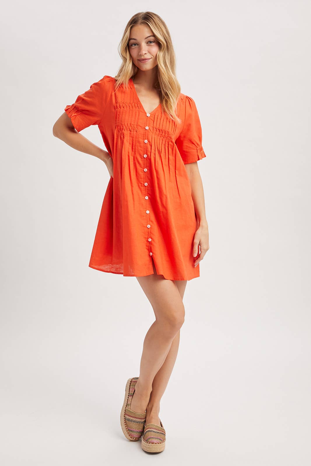Pleated Button-Up Mini Dress