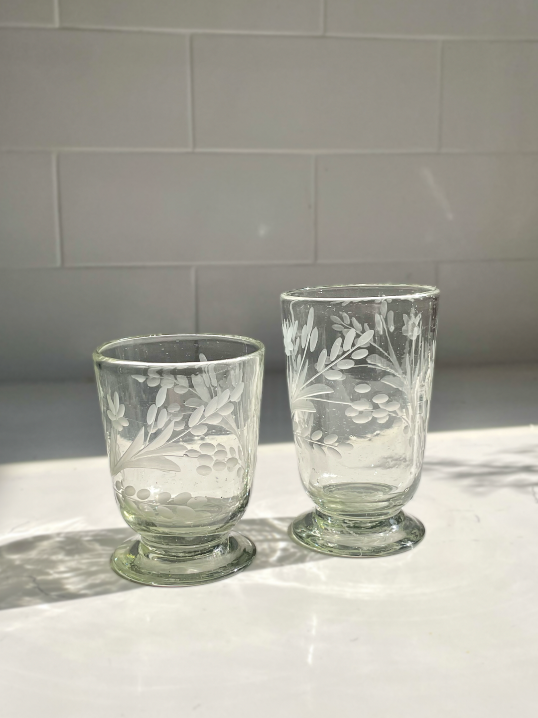 Hand-Etched Blown Footed  Glass