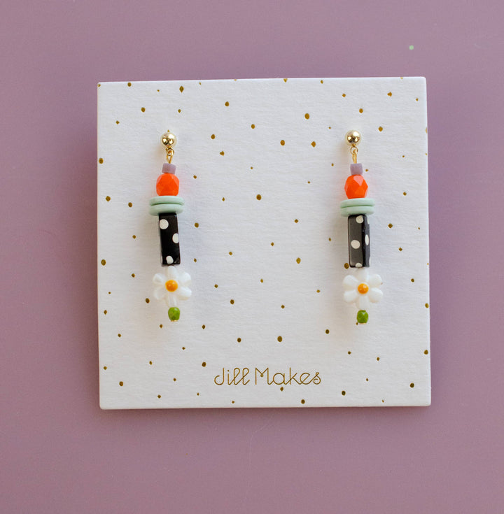 Petal Earrings, Black &amp; White Polka Dots