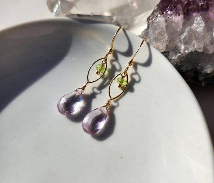 Light Amethyst and Peridot Dainty Marquis Earrings
