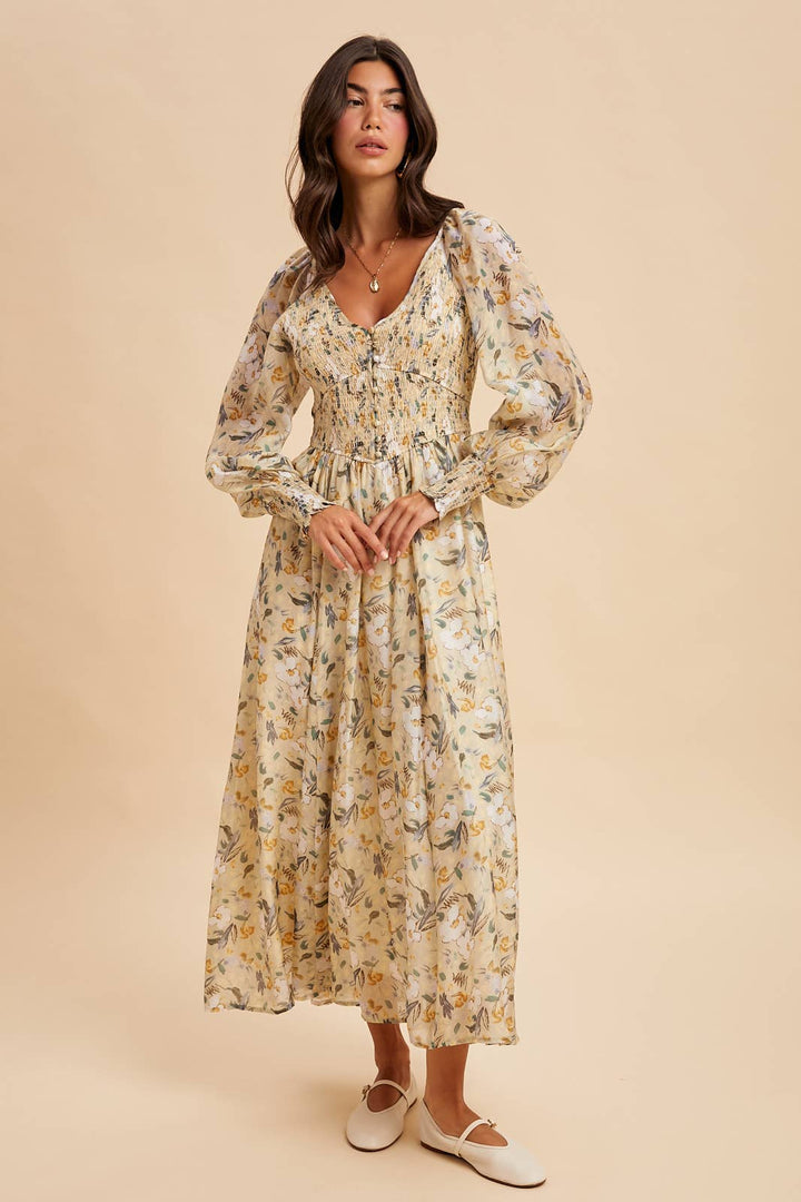 Smocked Floral Maxi Dress in Vintage Cream