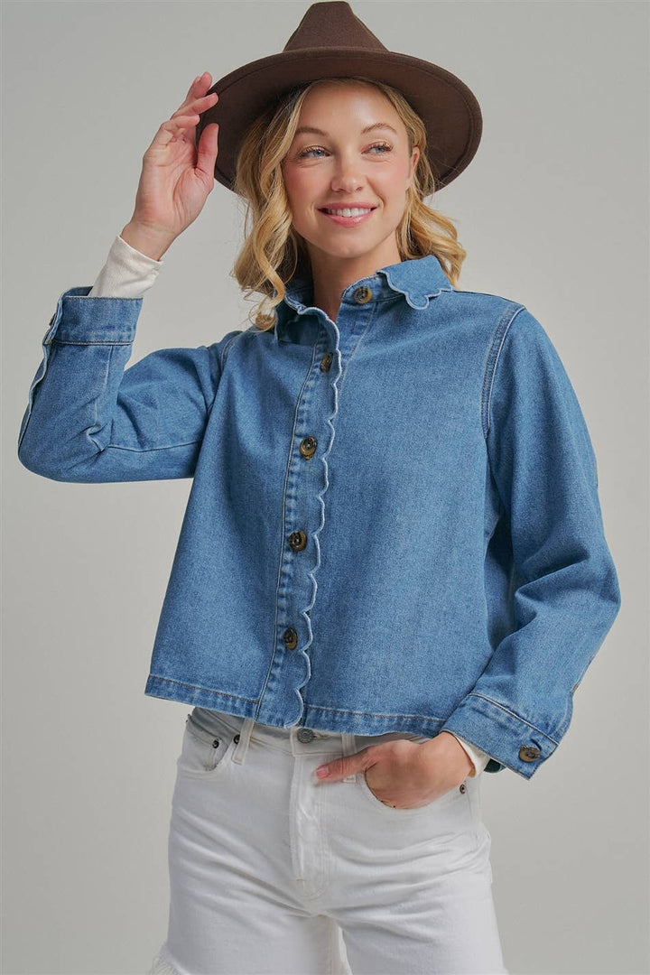 Denim Jacket With Scallop Embroidery Collar