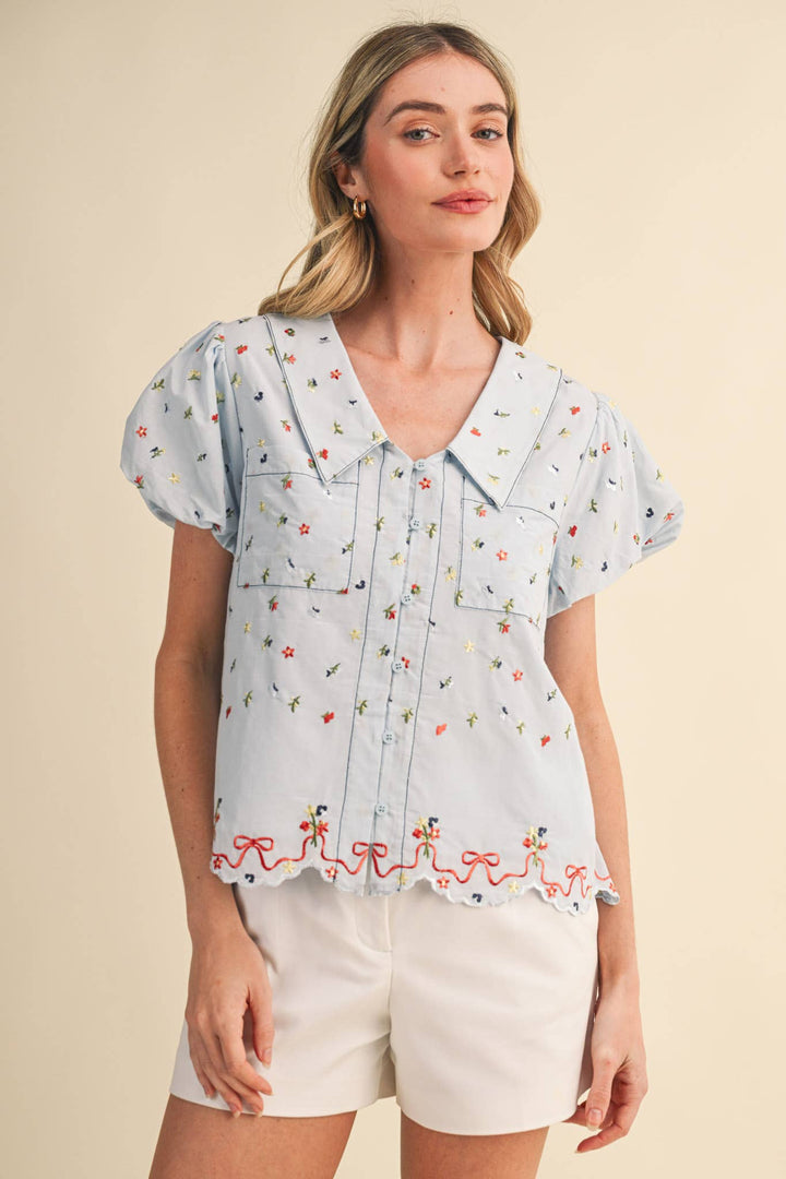 Embroidered Floral Bubble Sleeve Button Down in Baby Blue