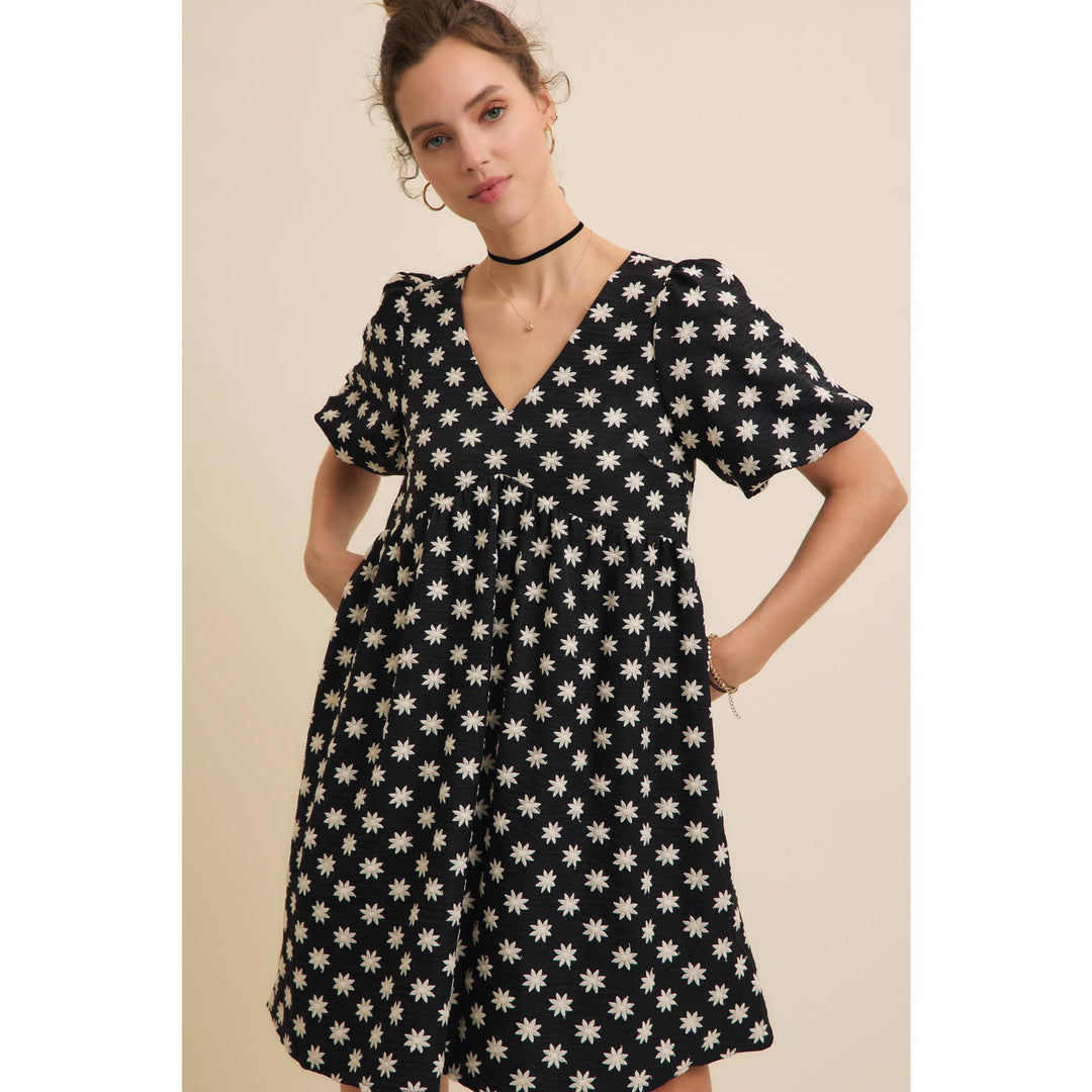 Embroidered Mini Dress with Puff Sleeves and Pockets