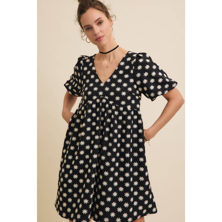 Embroidered Mini Dress with Puff Sleeves and Pockets