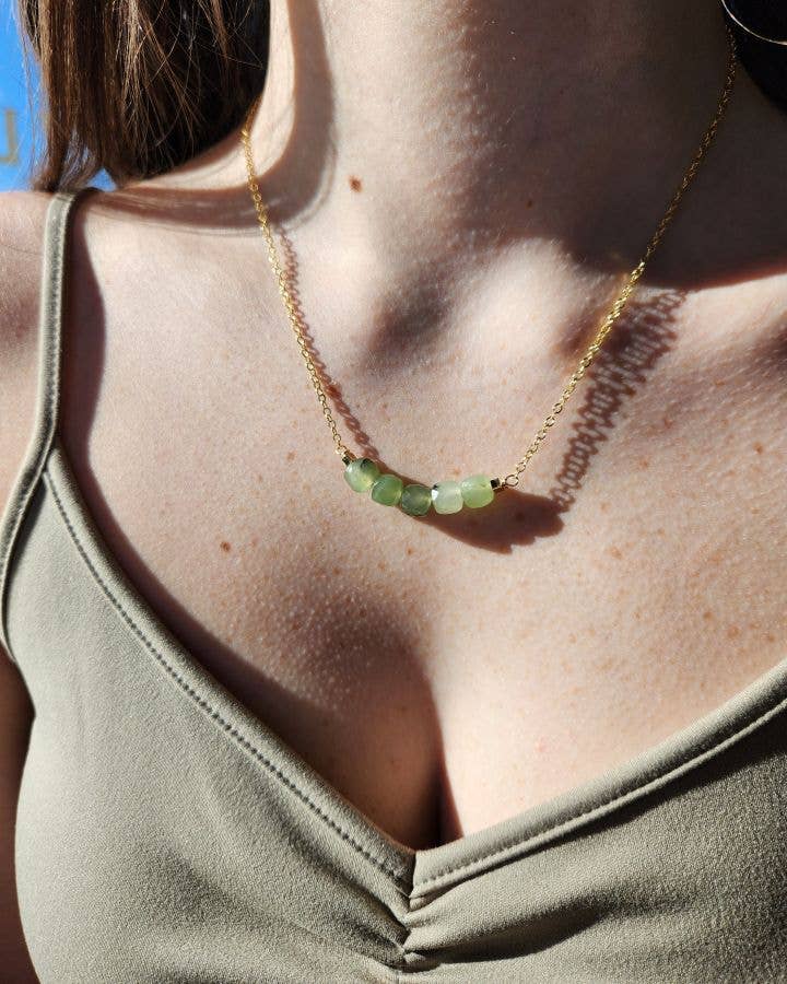 Prehnite Cube Chunky Gold Arc Necklace