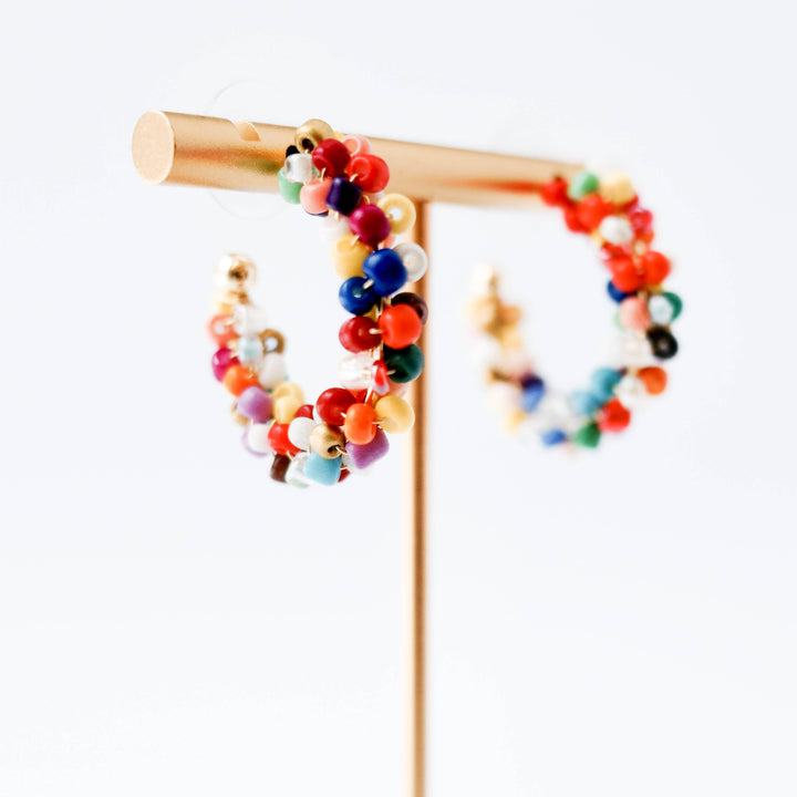 Multicolor Beaded Silver C-Hoop Earrings