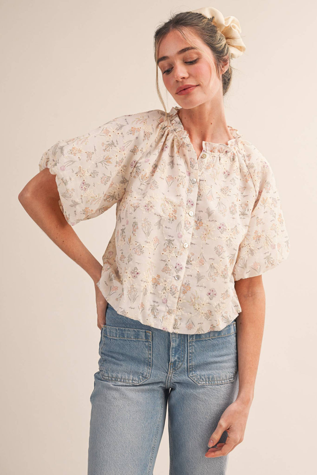 Ivory Floral Print Eyelet Bubble Top