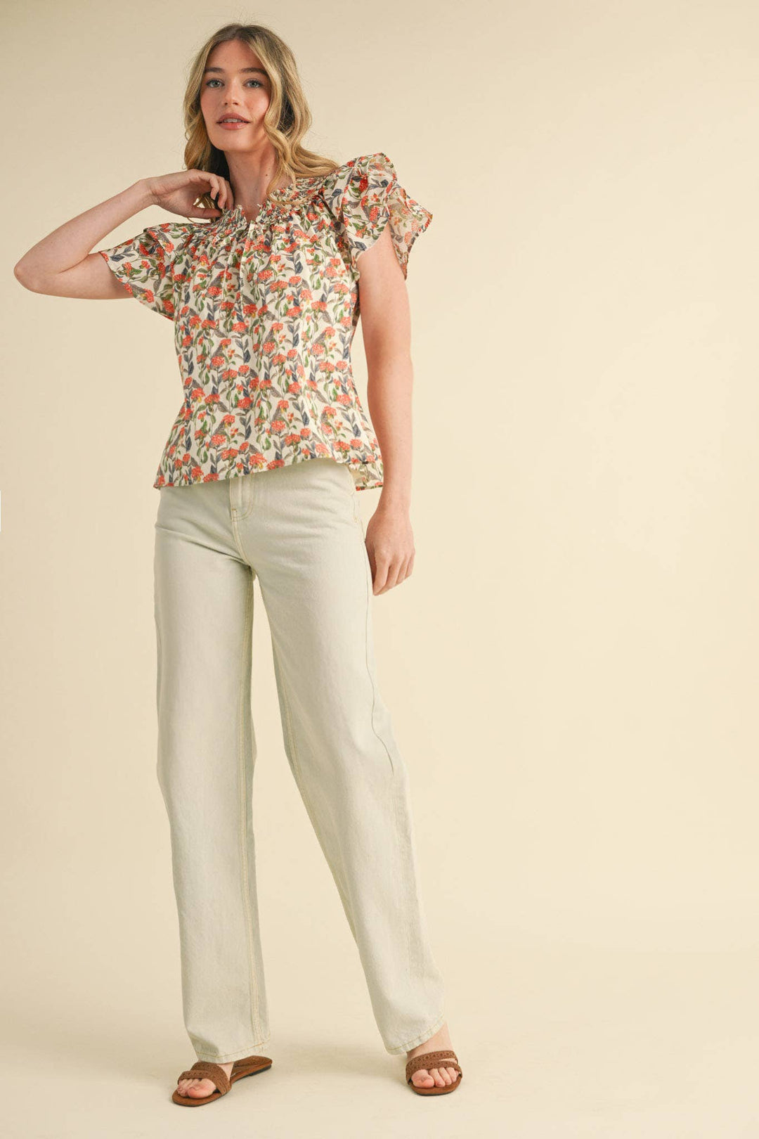 Floral Flutter Sleeve Smocked Top in Ivory