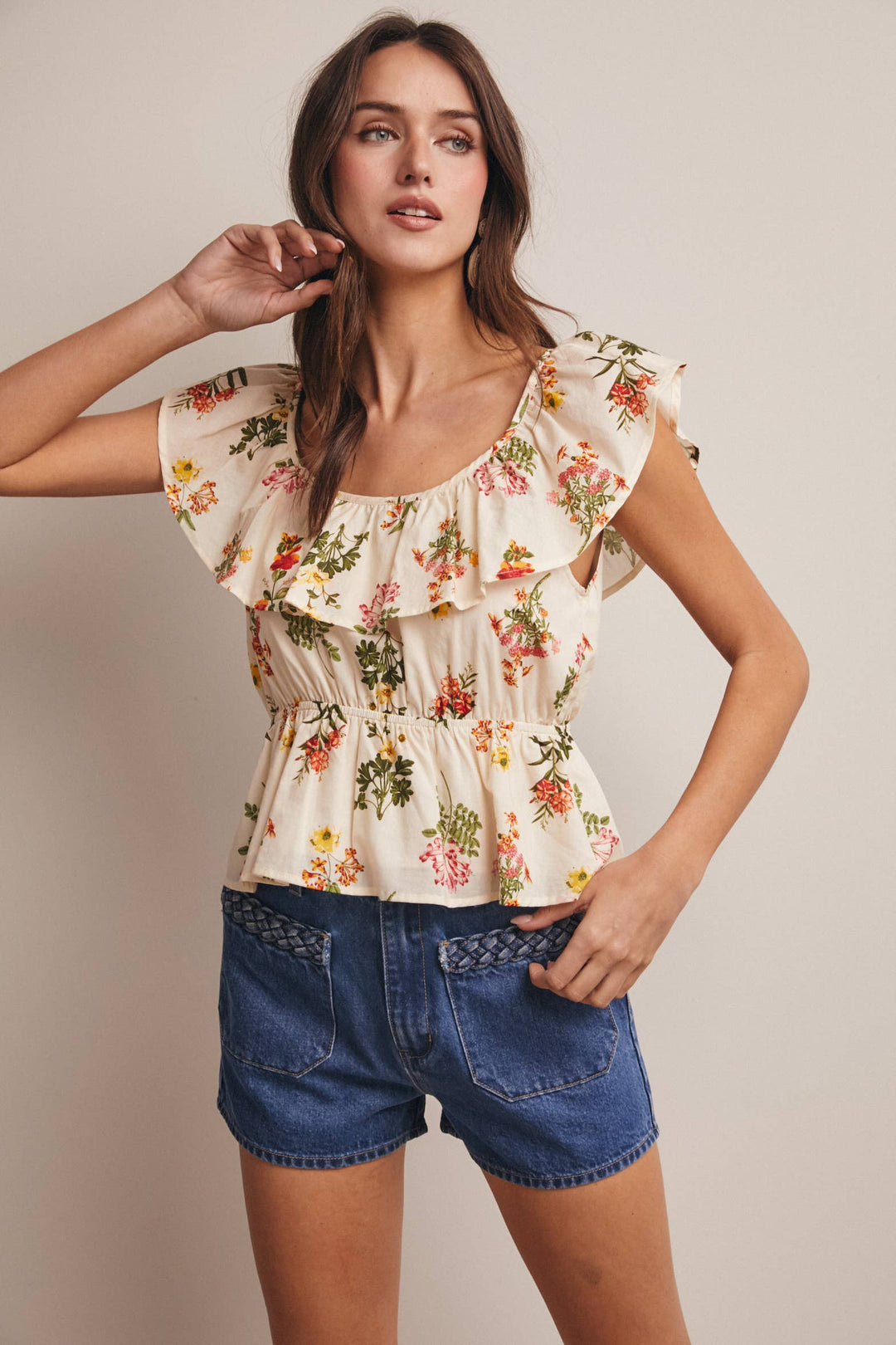Floral Ruffle Neck Cotton Blouse