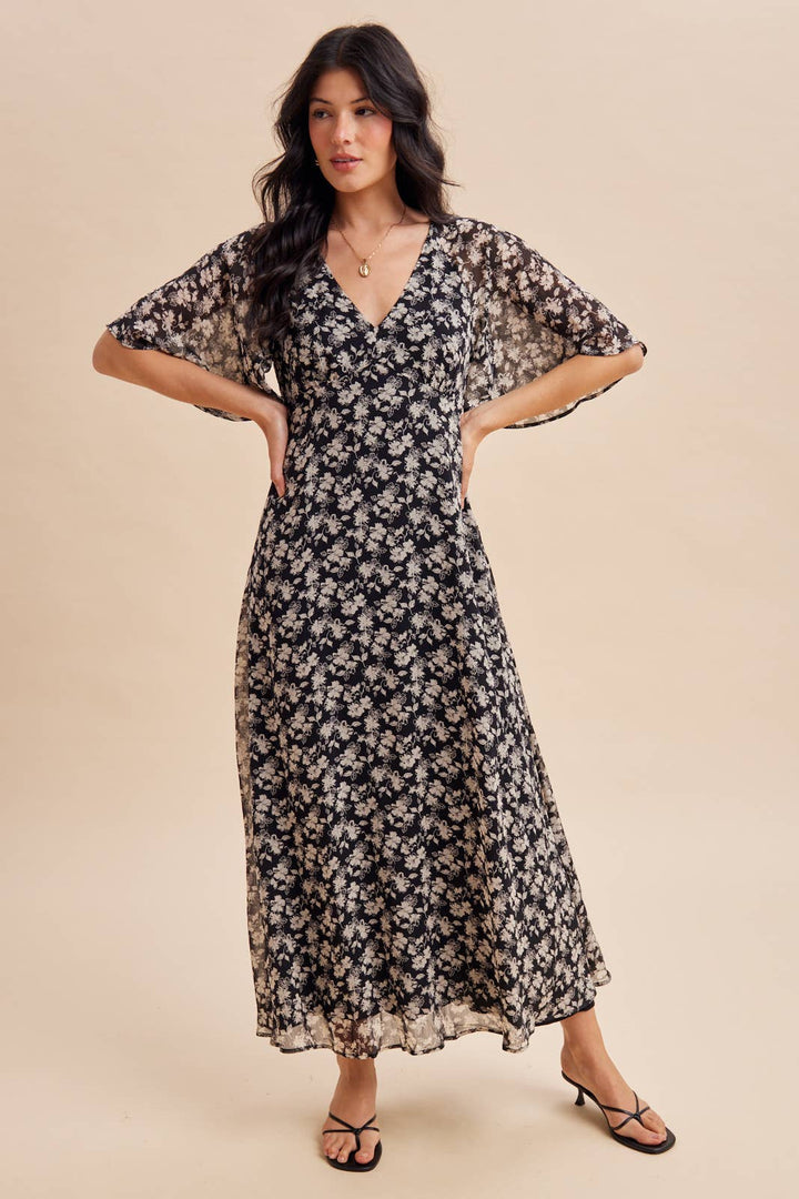 Flutter Sleeve Floral Maxi Dress in Black