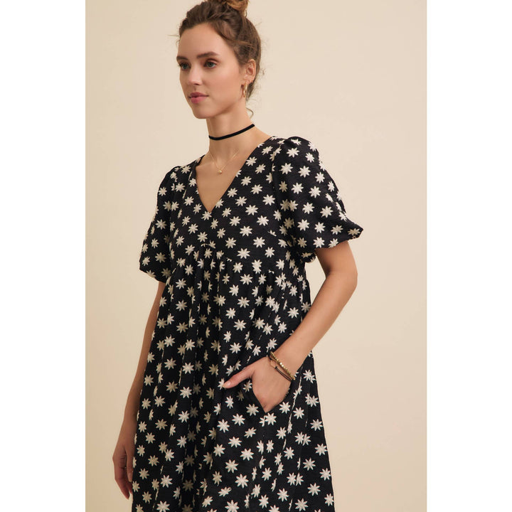 Embroidered Mini Dress with Puff Sleeves and Pockets