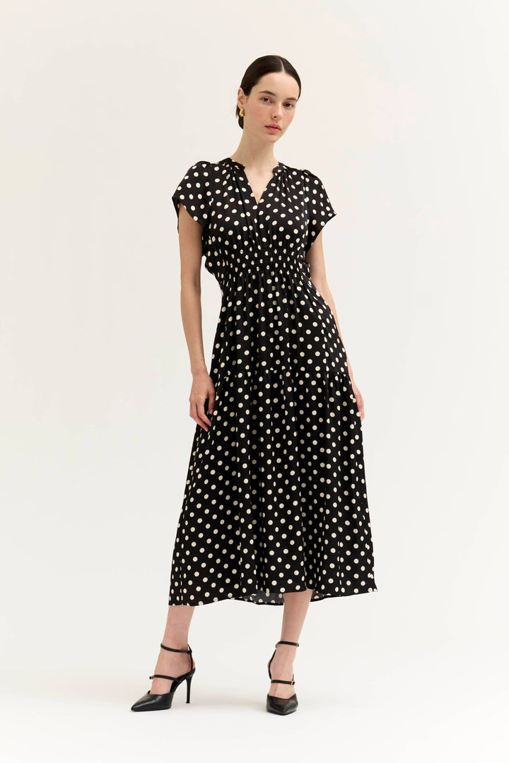 Satin Ruffle Midi Dress in Black and White Dots
