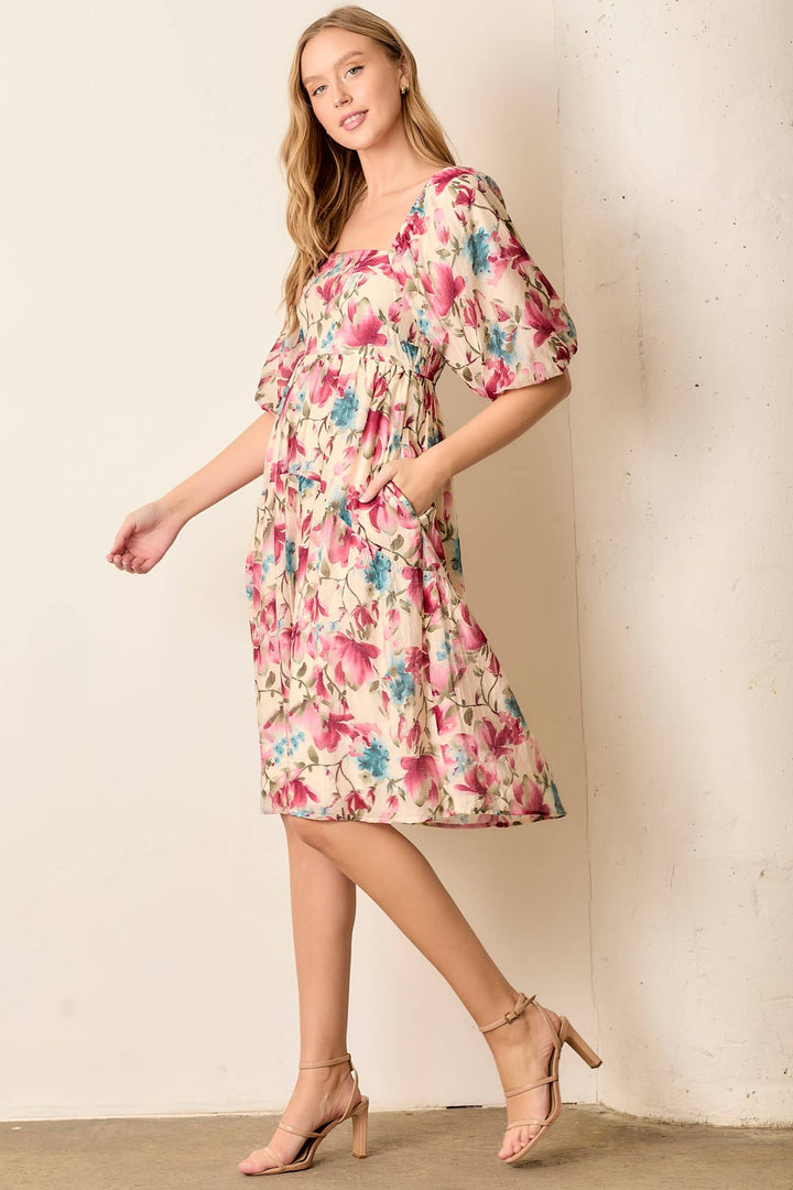 Magnolia Blossom Square Neck Midi Dress