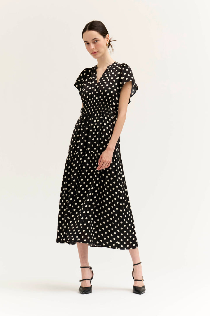Satin Ruffle Midi Dress in Black and White Dots