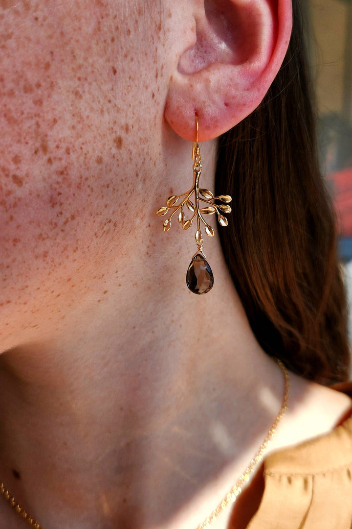 Smoky Quartz Gold Plated Tree Earrings